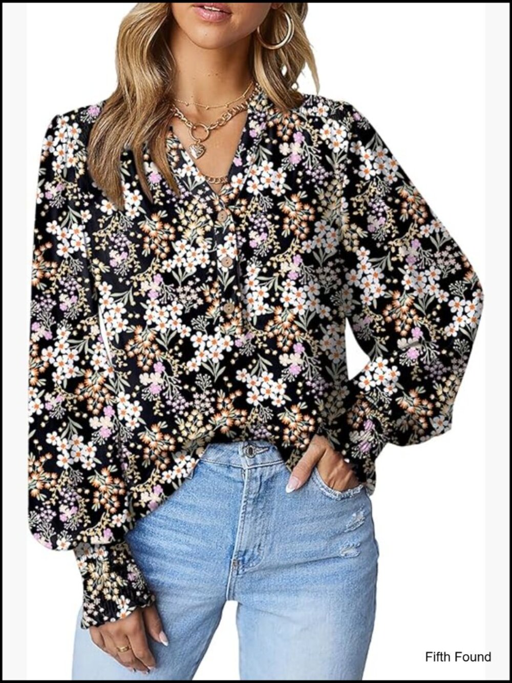 Women's Casual V Neck Easel Floral Print Long Sleeve Blouses Smocked Button